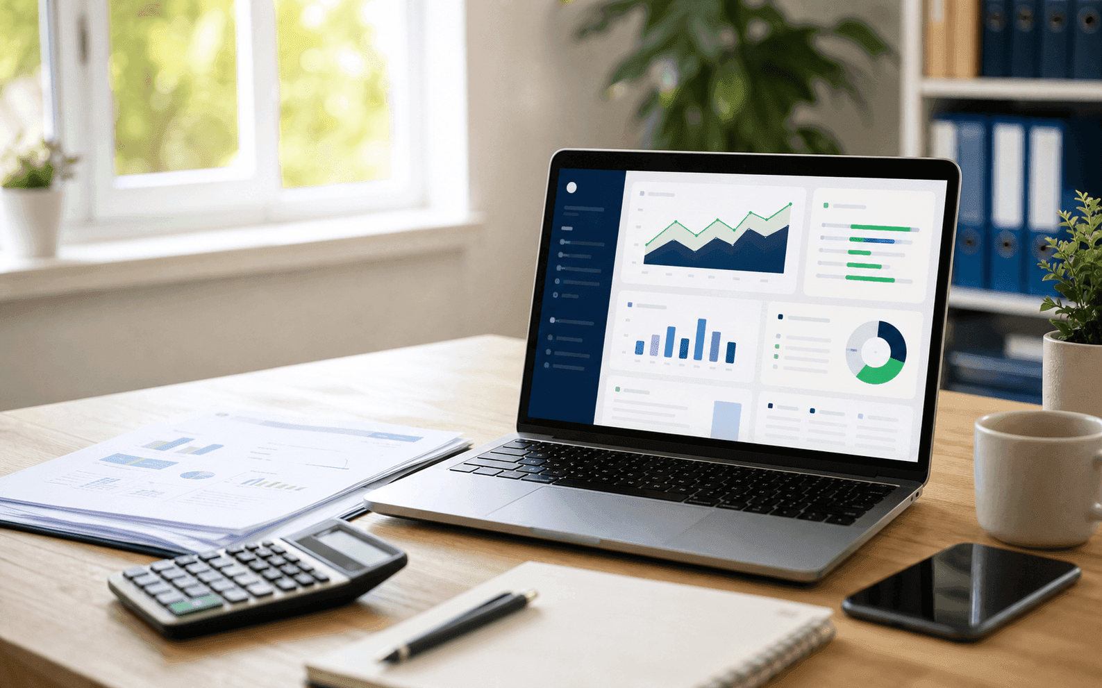 A small-business billing dashboard on a tidy office desk