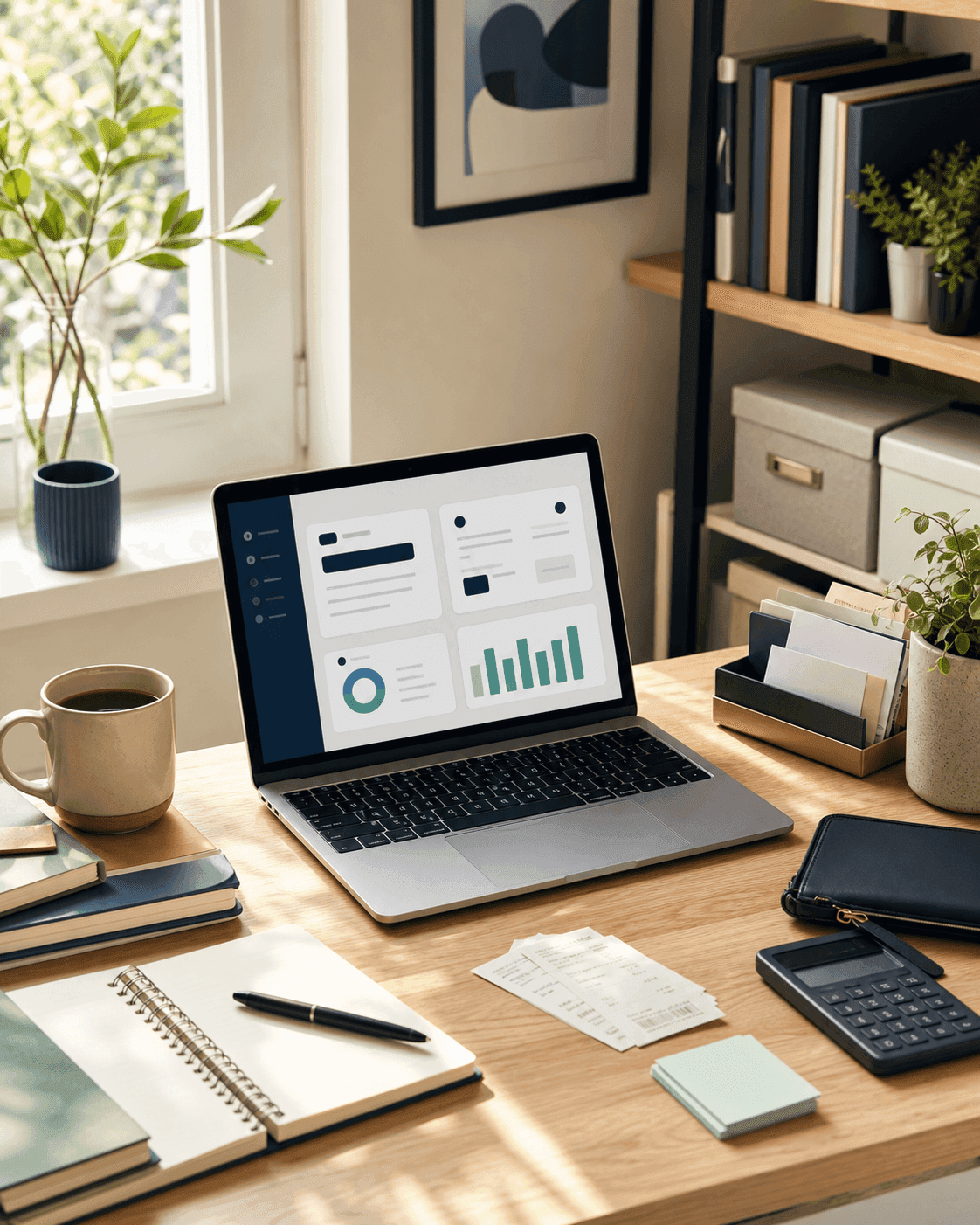A laptop and notebook on a small office desk